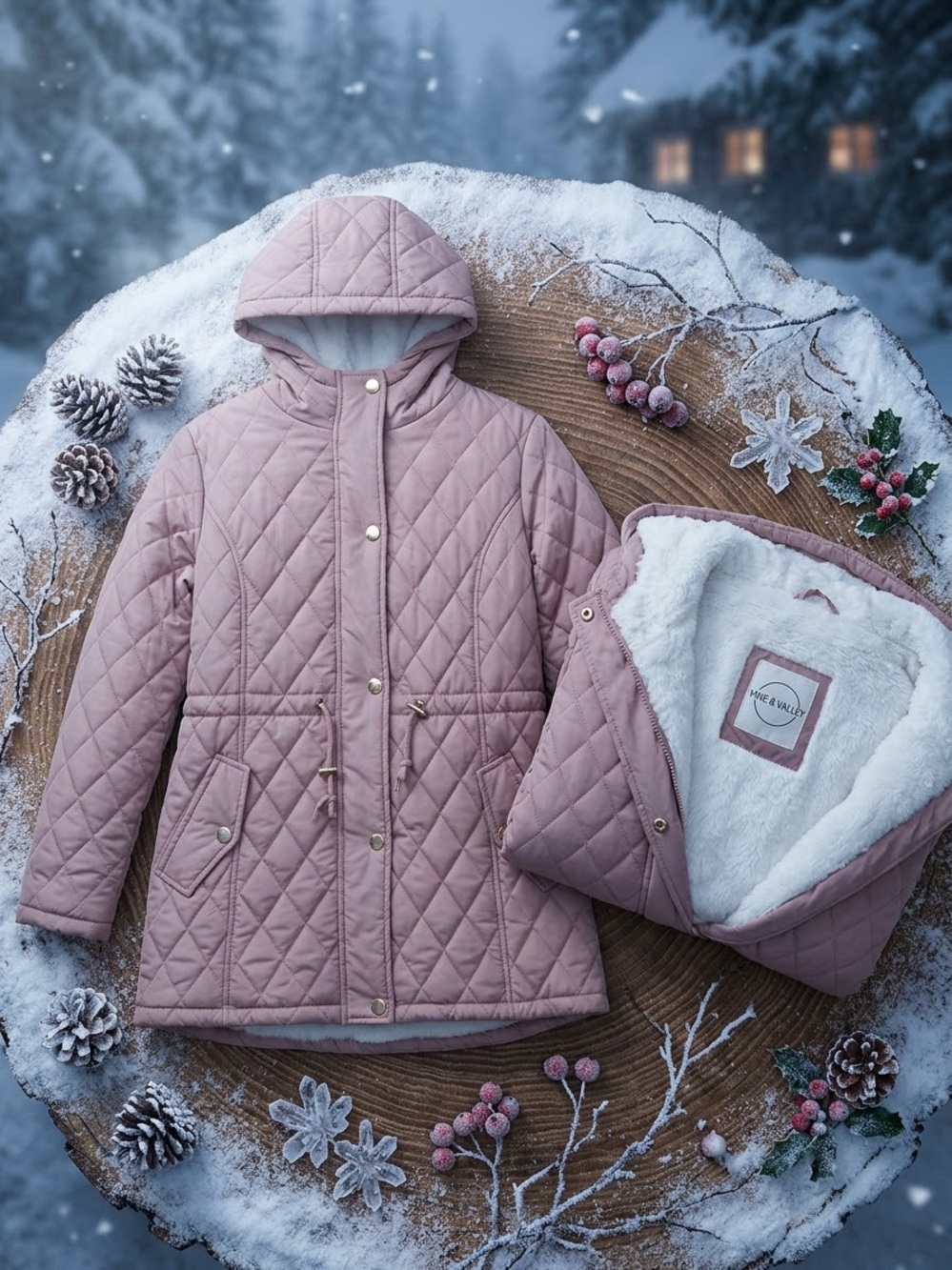 Quilted Hooded Puffer Coat in Blush